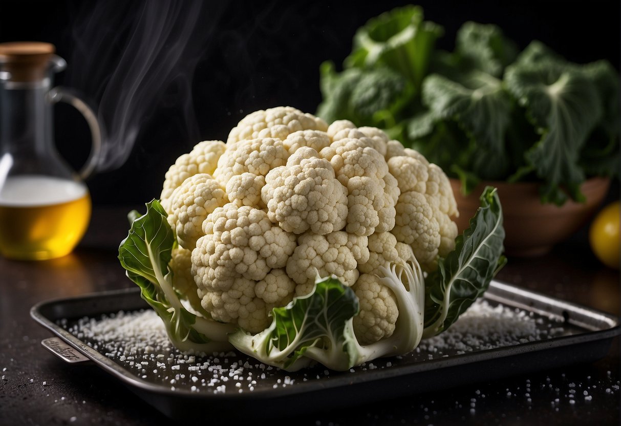 A head of cauliflower sits on a baking sheet, drizzled with olive oil and sprinkled with salt and pepper. The oven door is open, revealing the hot interior ready for roasting