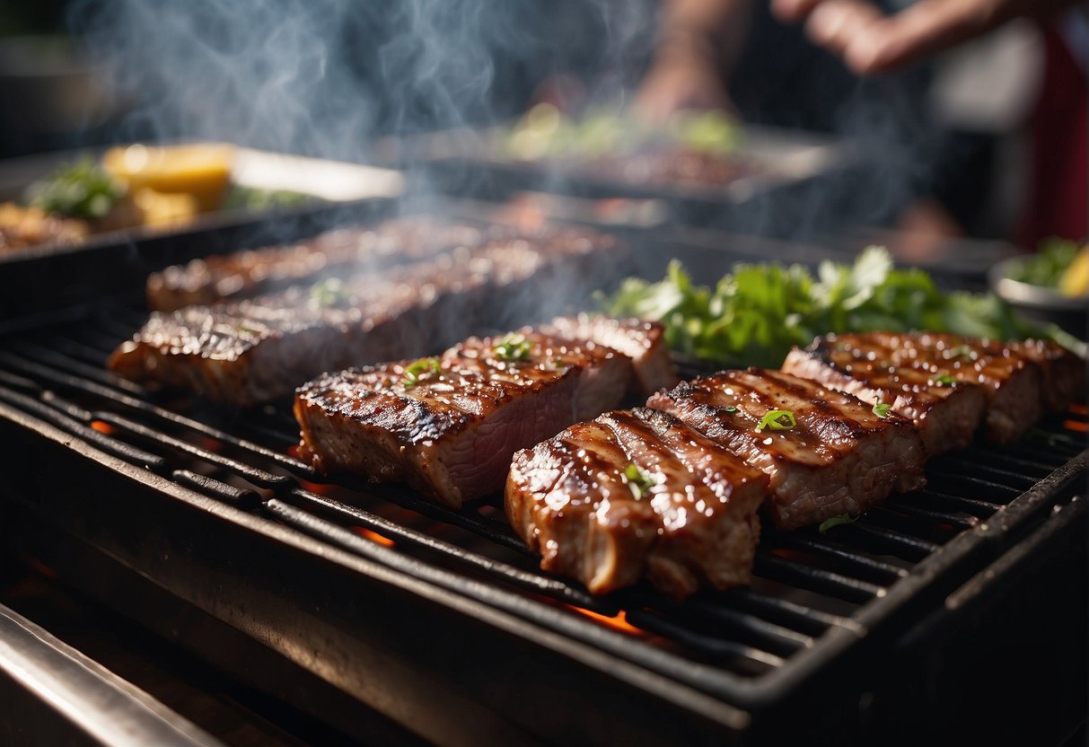 A sizzling grill with marinated beef, emitting a tantalizing aroma. Diners eagerly gather around, drawn by the allure of sweet and savory Korean BBQ