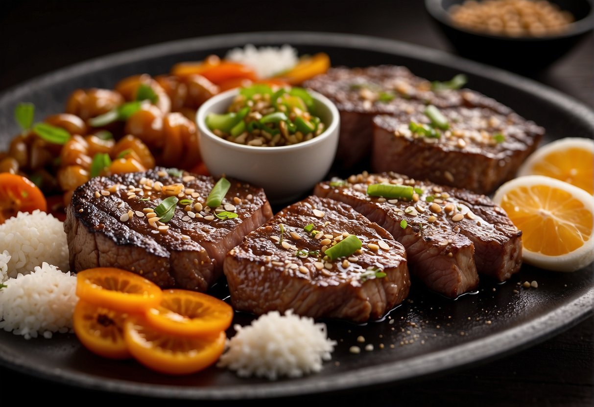A sizzling grill with marinated beef, surrounded by bowls of soy sauce, sugar, garlic, and sesame oil
