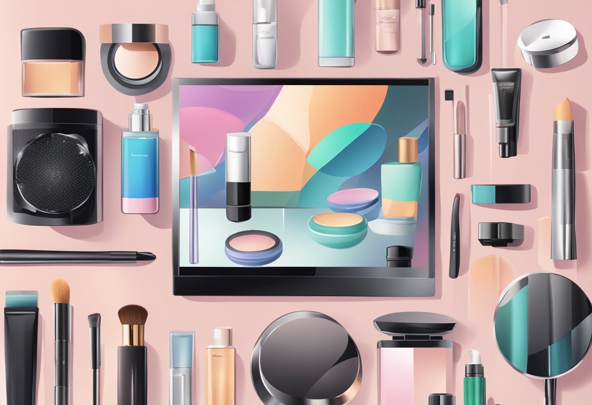 Various beauty products and devices surround a mirror, reflecting a digital screen displaying edited images