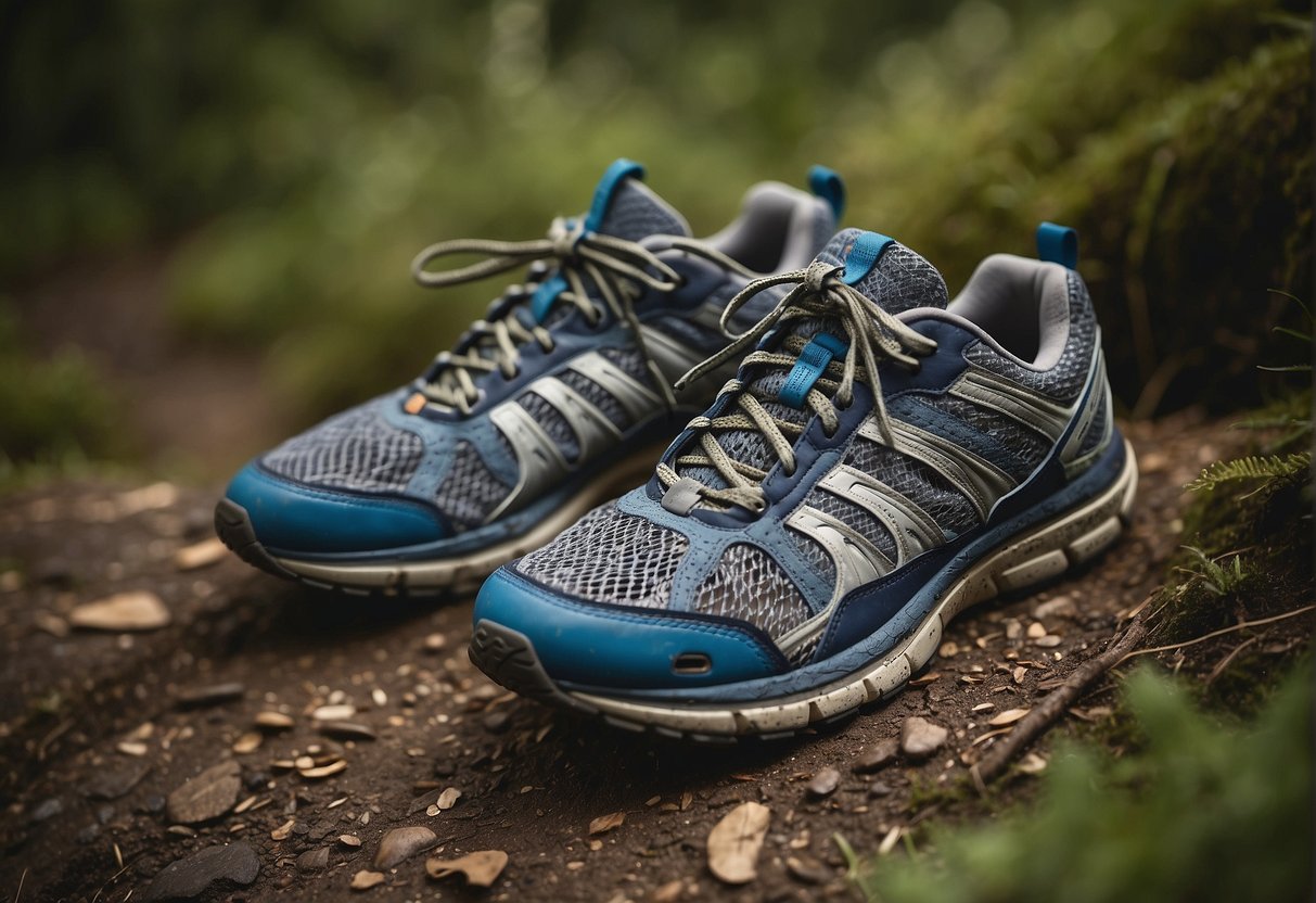 A pair of worn-out running shoes on a trail, with visible signs of wear and tear such as frayed laces, worn-out soles, and holes in the mesh