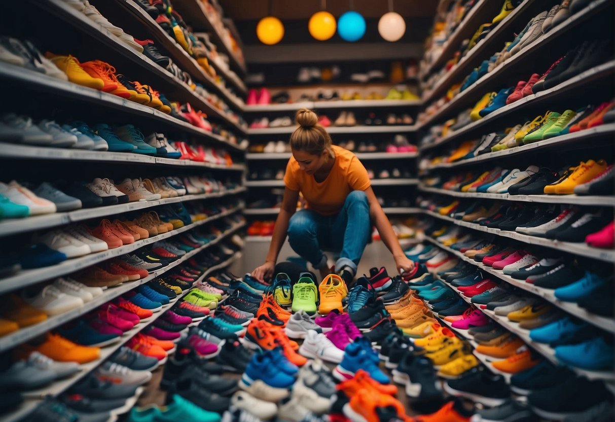 A person choosing running shoes, surrounded by images of common foot issues