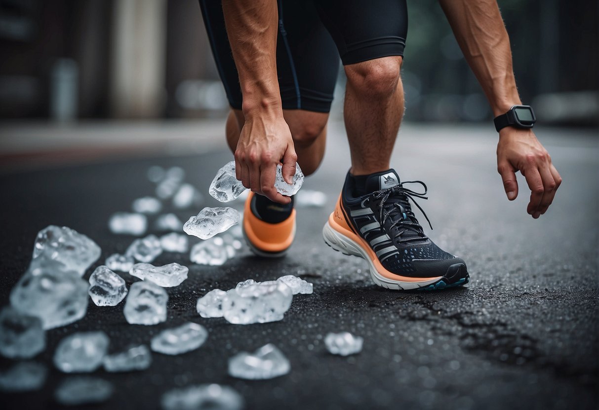 A runner's feet with various injuries, surrounded by treatment options like ice packs, compression wraps, and orthopedic inserts