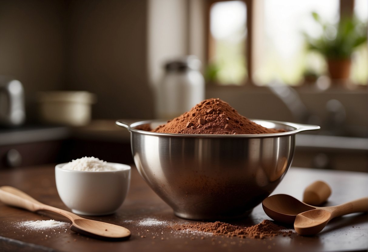 A mixing bowl with cocoa powder, flour, sugar, and melted chocolate. A whisk and spatula sit nearby, ready to blend the ingredients