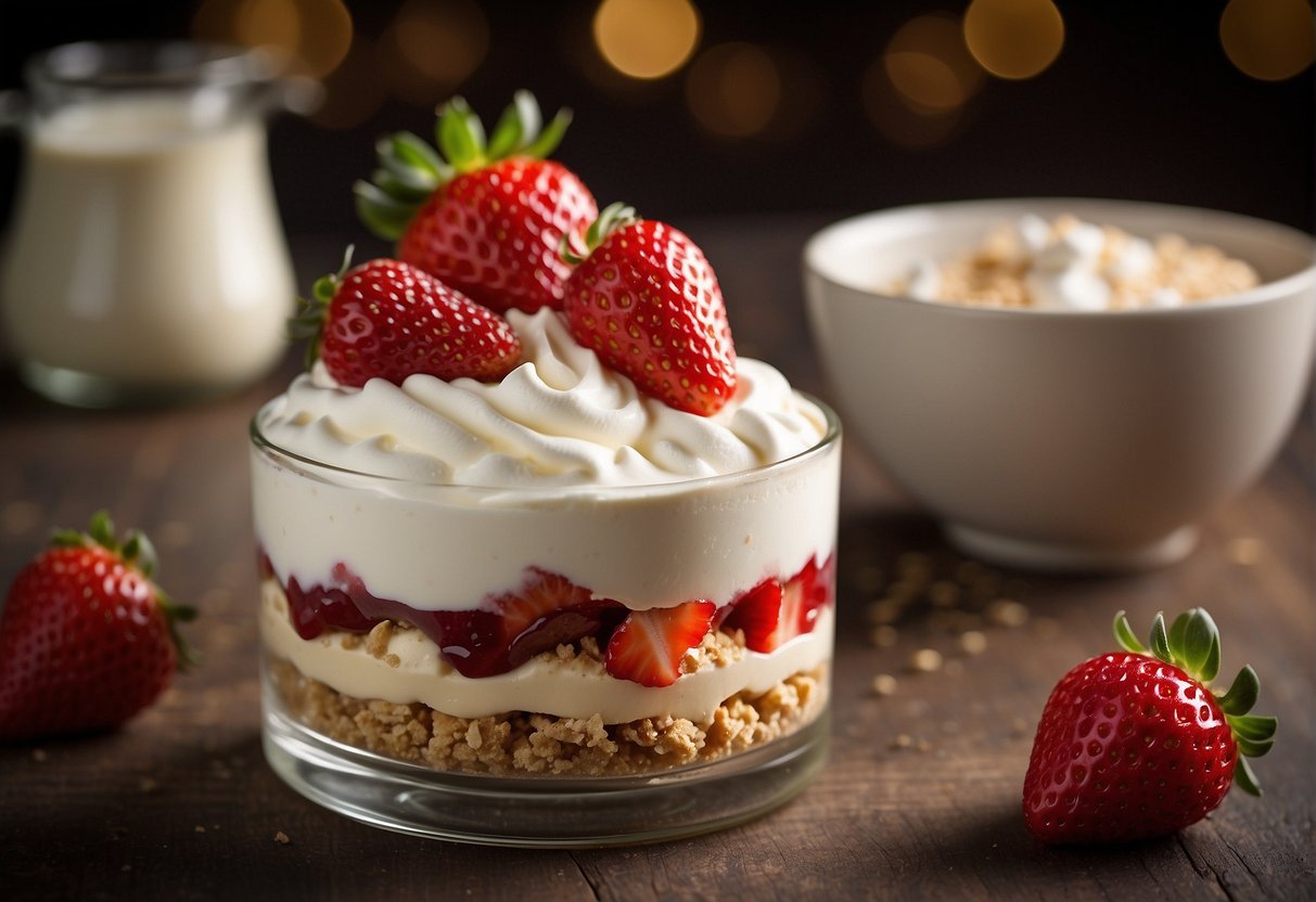 A glass parfait dish filled with layers of graham cracker crumbs, creamy cheesecake filling, and vibrant red strawberry compote, topped with a dollop of whipped cream and a fresh strawberry
