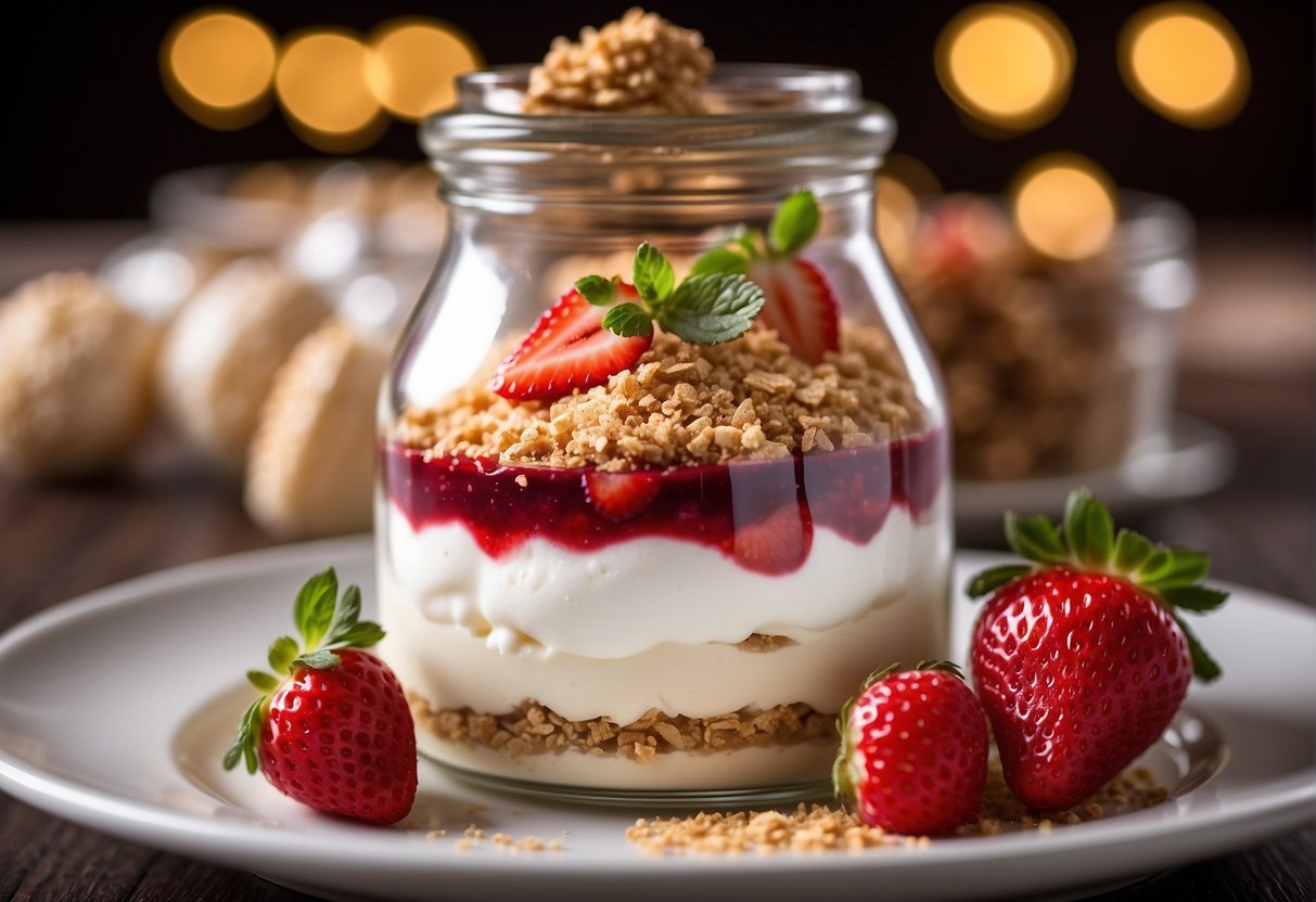 A glass jar filled with layers of graham cracker crumbs, creamy cheesecake, and vibrant strawberry compote topped with a dollop of whipped cream