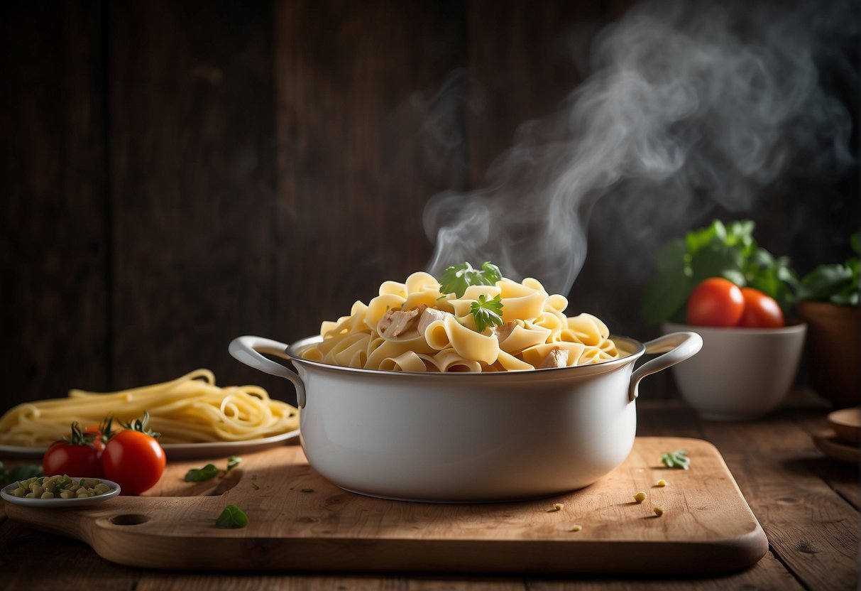 A pot of boiling water with gluten-free pasta, white chicken, and lasagna sheets on a wooden cutting board