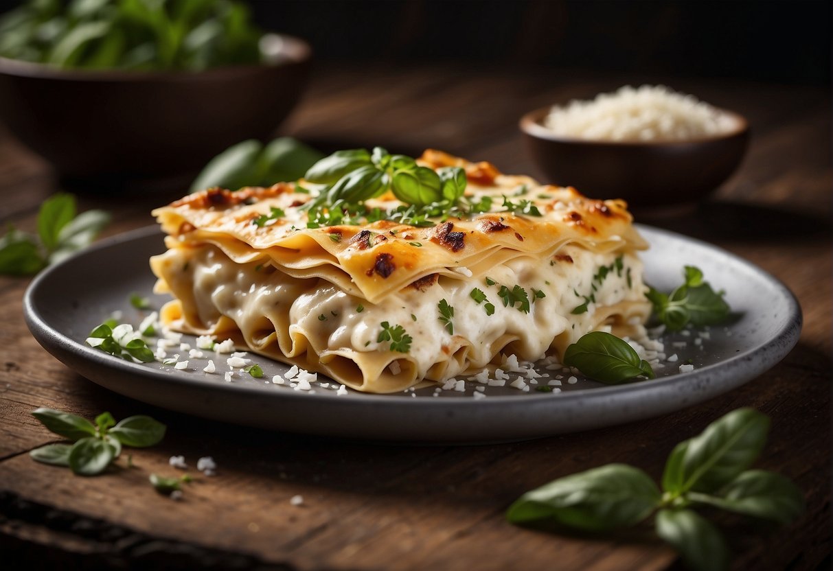 A bubbling white chicken lasagna sits on a rustic wooden table, surrounded by fresh herbs and a sprinkling of parmesan cheese