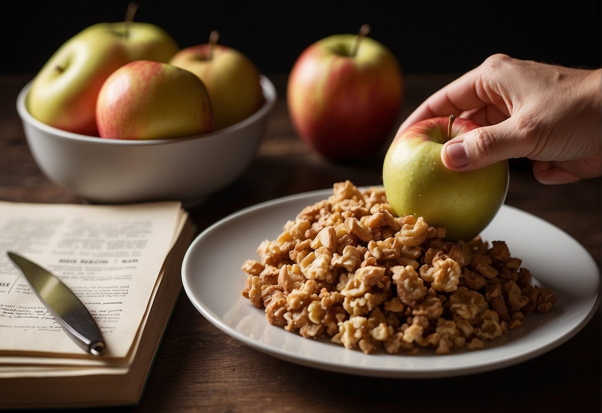 A hand reaching for a ripe apple from a pile, next to a recipe book open to "Easy Apple Crisp"