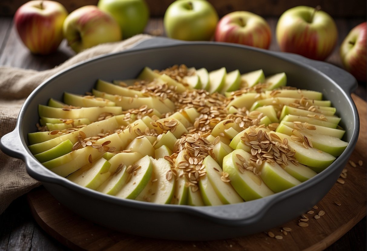 Fresh apples sliced in a baking dish. A mixture of oats, flour, sugar, and butter sprinkled on top. Ready to bake