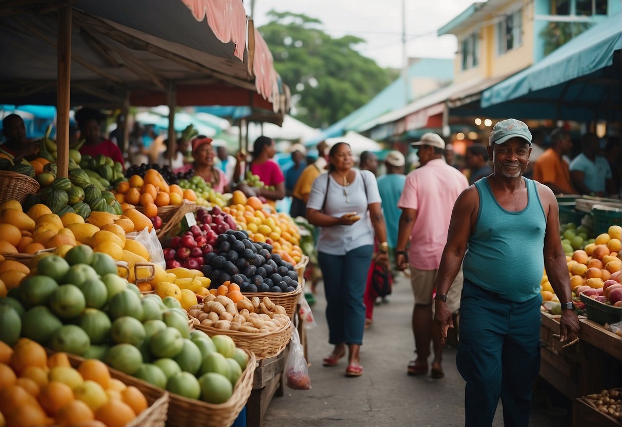 A bustling market filled with colorful fruits, spices, and fresh seafood. Vendors chat with customers, while the aroma of traditional Bahamian dishes fills the air
