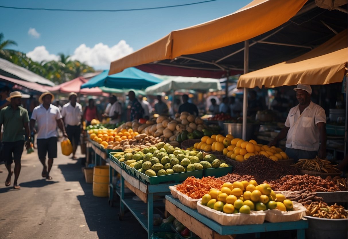 A bustling marketplace with colorful stalls selling fresh fruits, spices, and seafood. The aroma of sizzling jerk chicken fills the air as locals and tourists mingle, sampling traditional Bahamian dishes