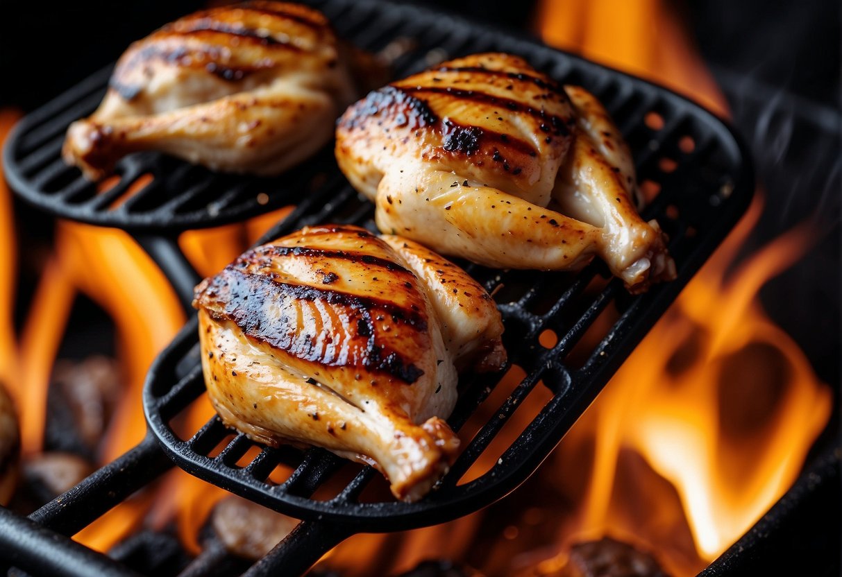 Juicy grilled chicken sizzling on a hot grill, with charred grill marks and a tantalizing aroma