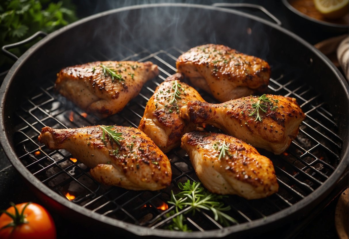 Seasoning chicken with herbs and spices, placing it on a hot grill