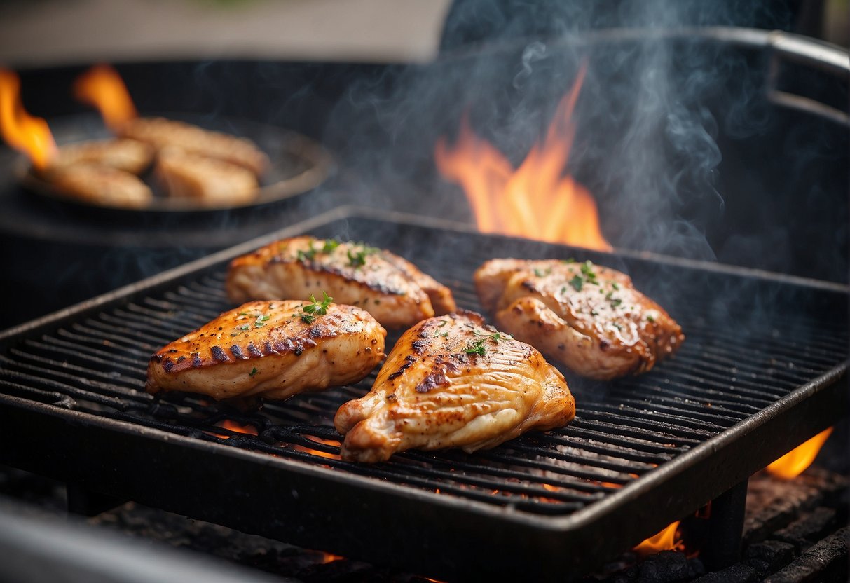 Juicy chicken sizzling on a hot grill, with grill marks and smoke rising