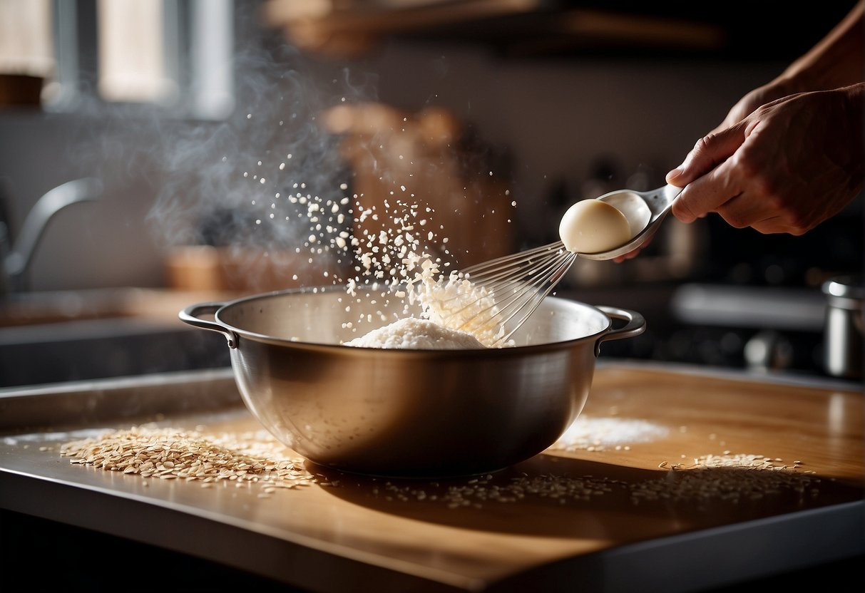 A mixing bowl with oats, flour, eggs, and milk. A whisk stirs the ingredients. A skillet heats on a stovetop