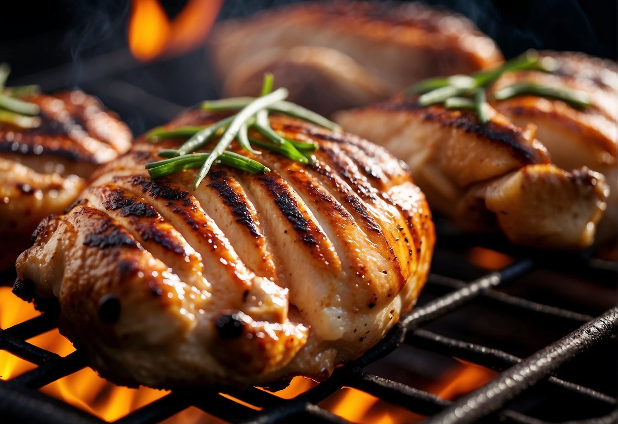 Grilled chicken sizzling on a hot grill, emitting a tantalizing aroma