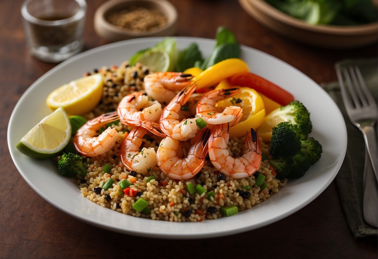 A plate of grilled shrimp surrounded by vibrant vegetables and a side of quinoa, with a small card displaying nutritional information and health benefits