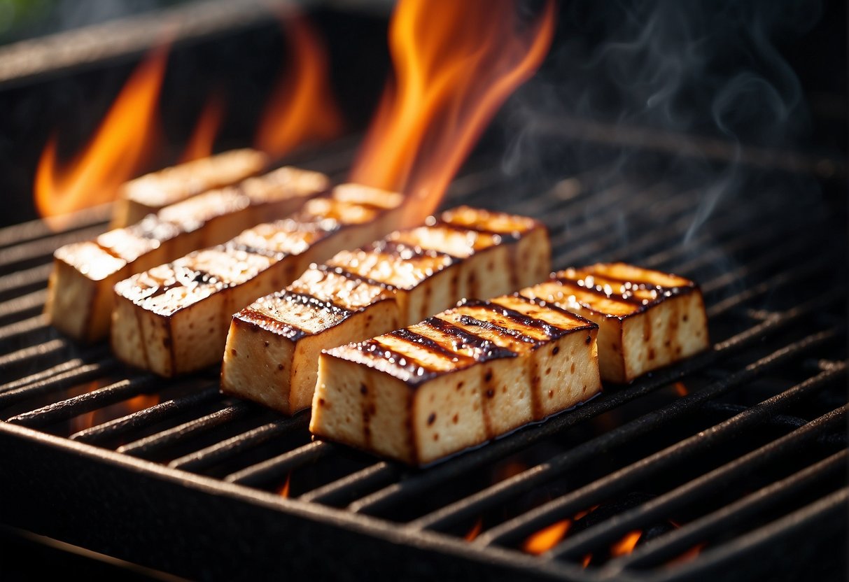 Grilled tofu sizzling on a hot grill, emitting a delicious aroma with charred grill marks on its surface