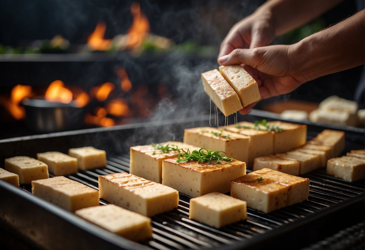 Slicing tofu into even pieces, marinating in soy sauce and ginger, then grilling to perfection