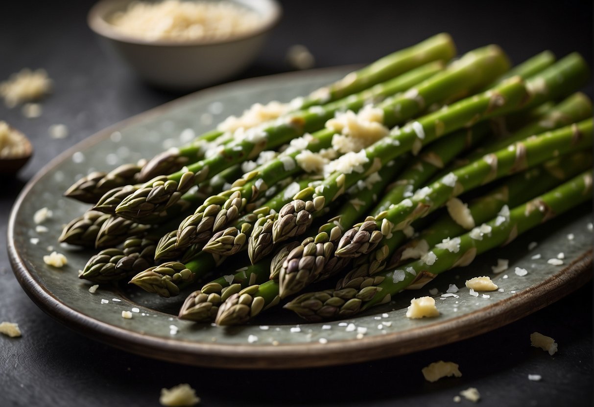Fresh asparagus spears coated in garlic and parmesan, arranged on a serving platter