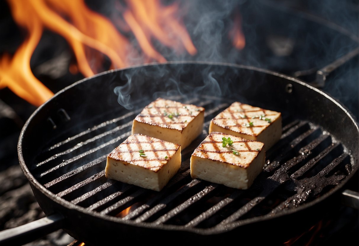 Tofu sizzling on a hot grill, smoke rising, grill marks forming