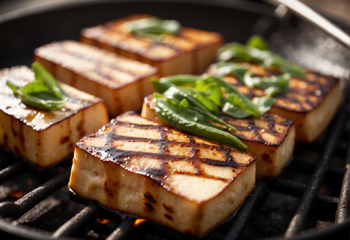 Grilled tofu sizzling on a hot grill, emitting a savory aroma