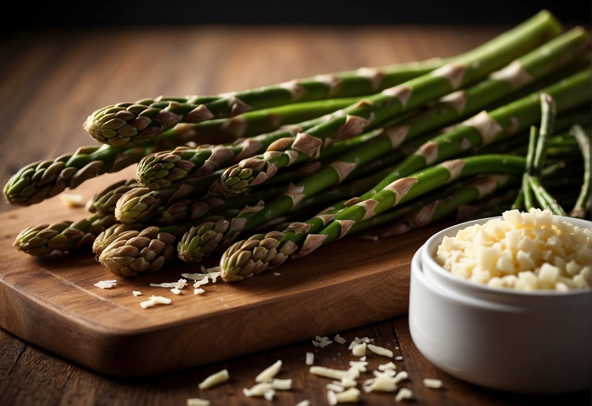 Fresh asparagus spears arranged on a cutting board, with a clove of garlic, a wedge of parmesan cheese, and a knife nearby