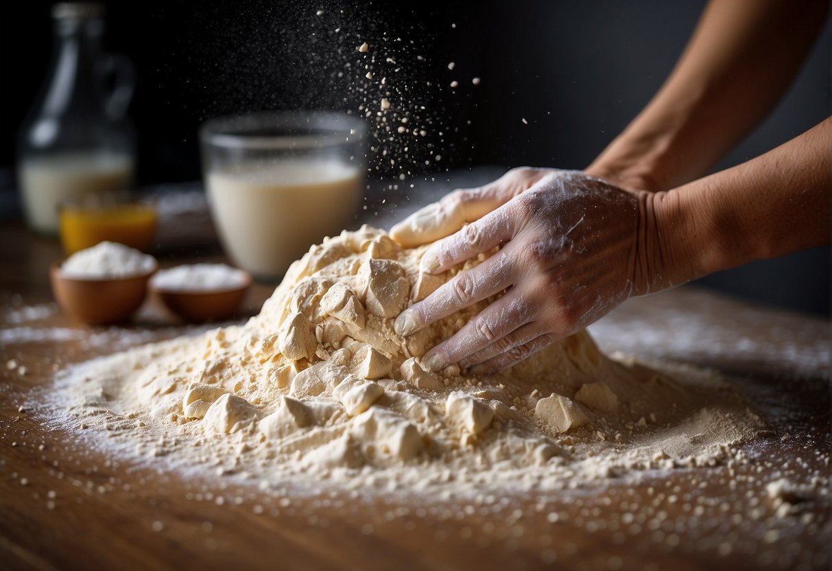 Flour, water, and yeast mixed in a bowl. Hands kneading the dough on a floured surface