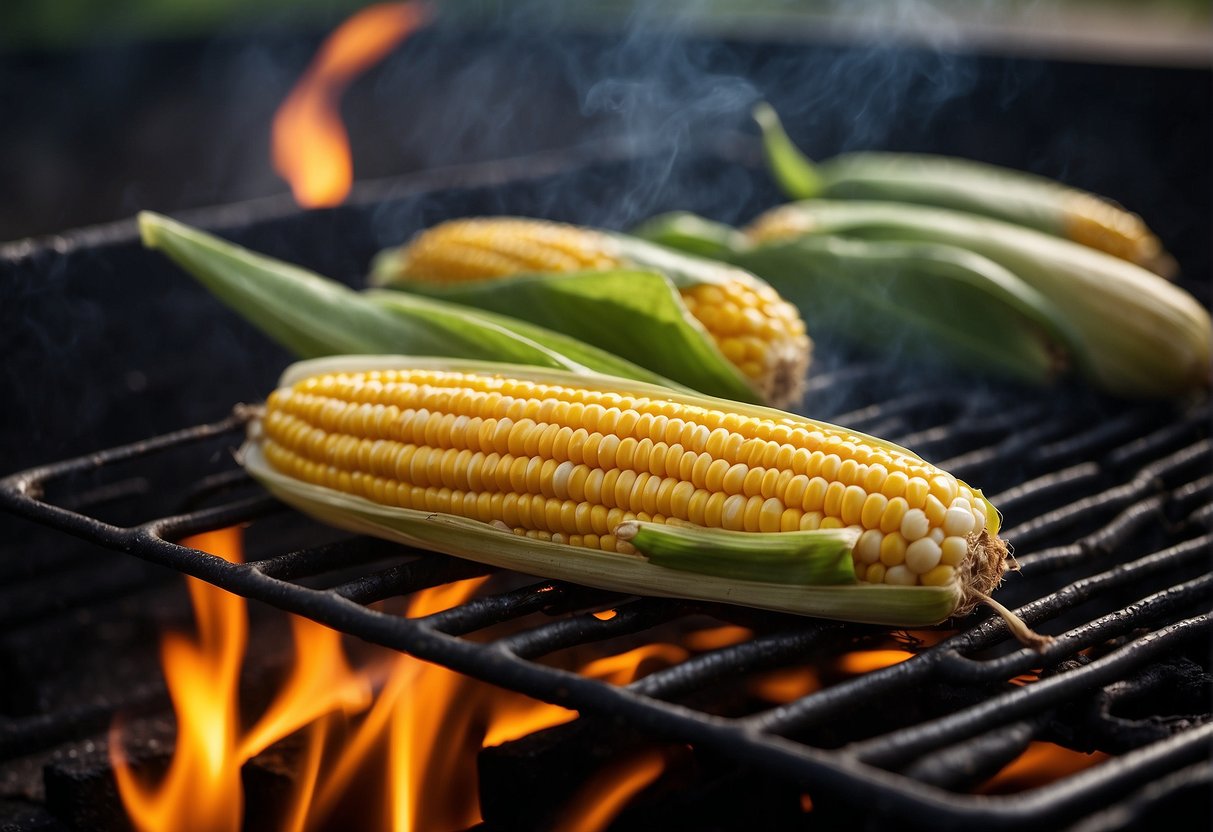 Corn grilling on an open flame, with charred marks and husks pulled back
