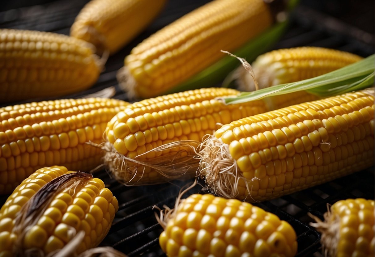 Corn being husked, brushed with oil, and grilled over open flames
