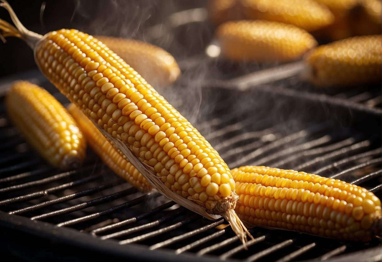 Golden corn on a sizzling grill, releasing a mouthwatering aroma. Sprinkled with flavorful seasonings and glistening with melted butter for added nutrition