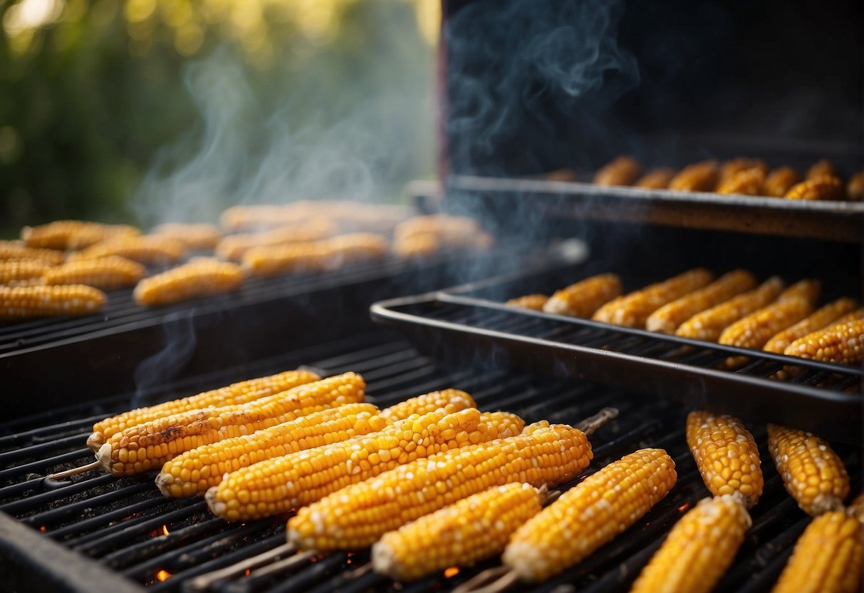 A grill sizzling with rows of golden corn, smoke rising