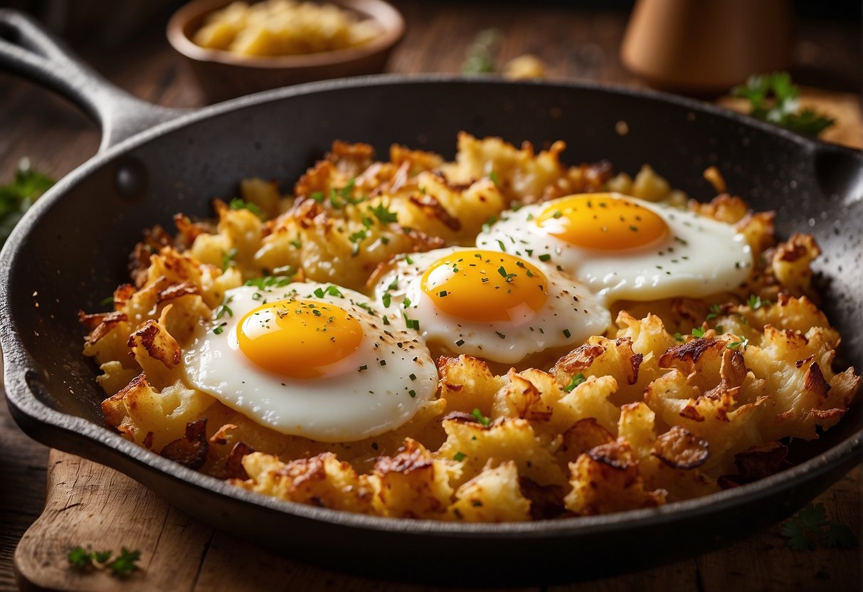 A sizzling skillet filled with a golden-brown egg bake topped with crispy hash browns