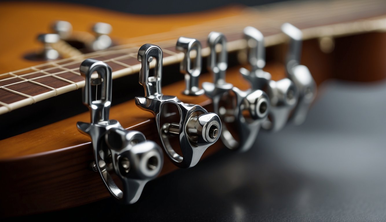 Guitar tuning pegs turned clockwise, strings visibly tightening. Tension evident in strings, pegs, and neck. Illustrate caution to avoid over-tightening