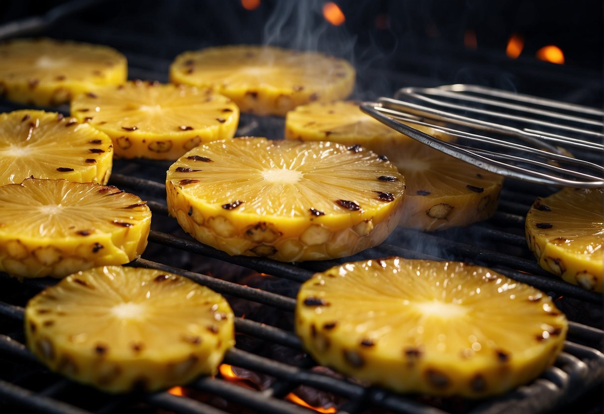 Juicy pineapple slices sizzling on a hot grill, emitting a sweet, caramelized aroma