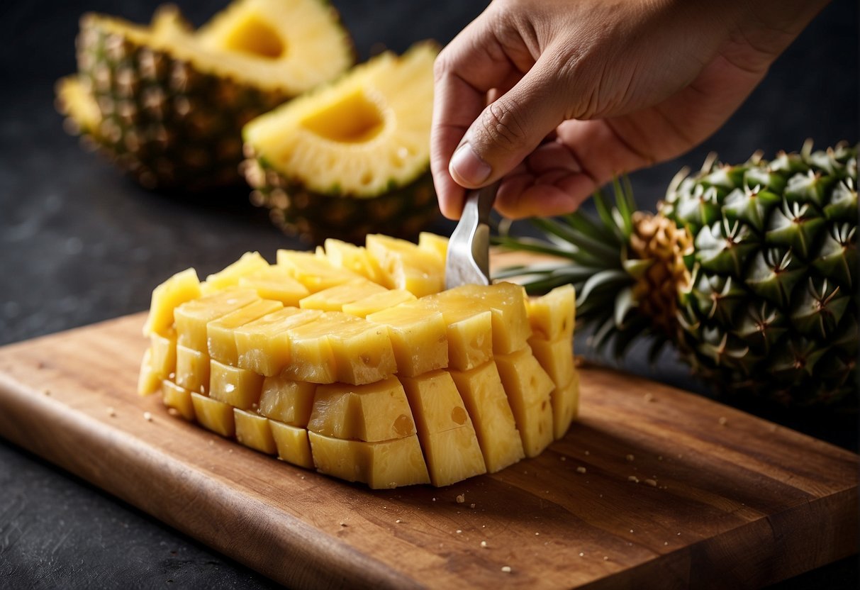 Slicing pineapple, brushing with oil, grilling until caramelized