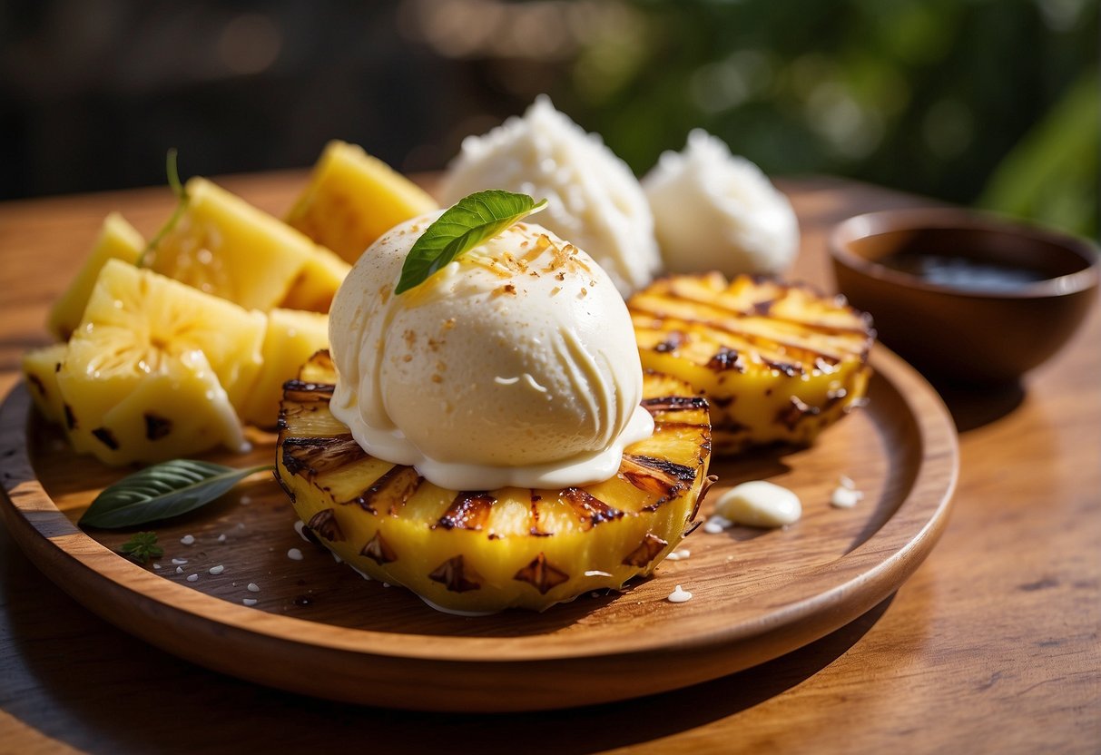 Grilled pineapple on a wooden platter with a side of coconut ice cream and a drizzle of honey