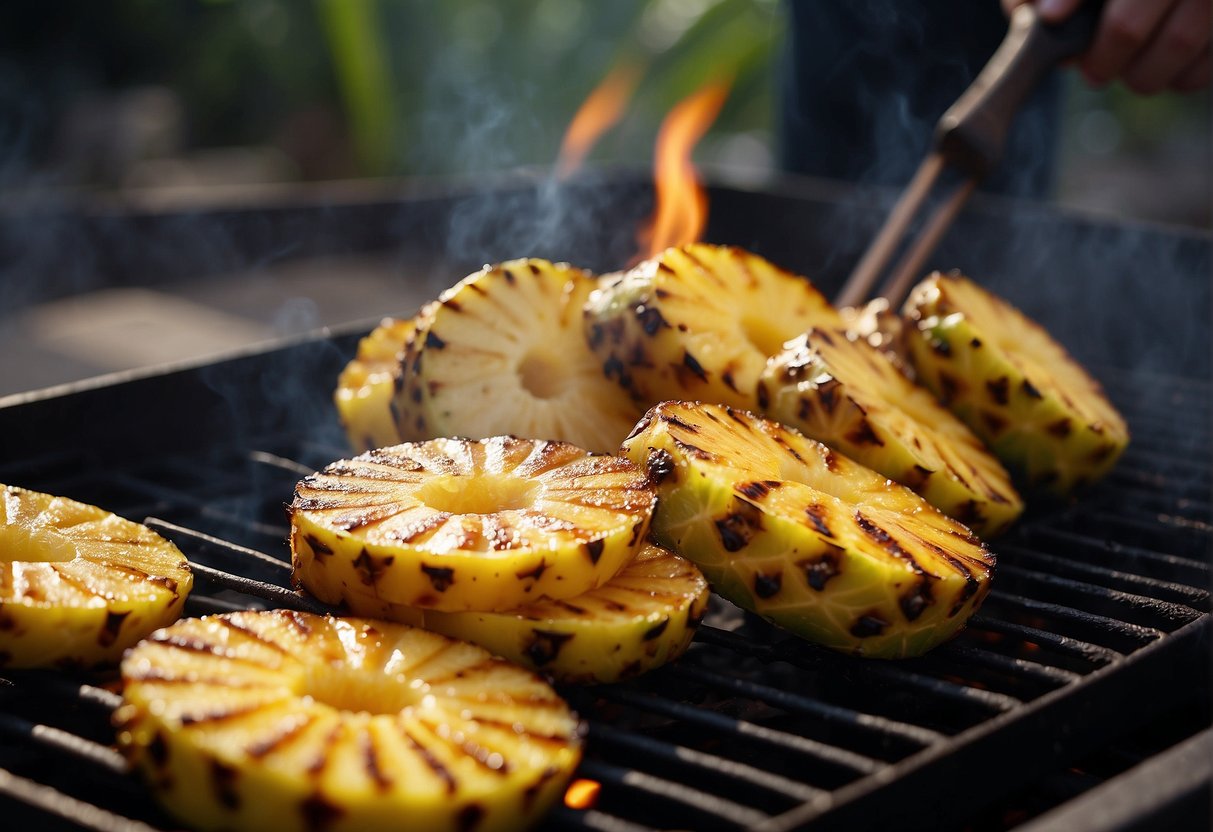 Grilled pineapple sizzling on a hot grill, with caramelized grill marks and a sweet, smoky aroma rising from the fruit