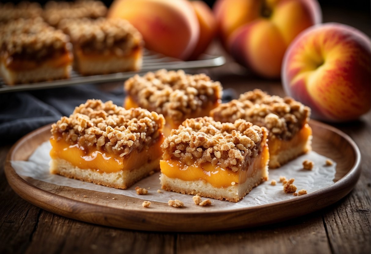 A batch of peach crumble bars cooling on a wire rack, with a golden brown crust and a layer of juicy peach filling peeking through