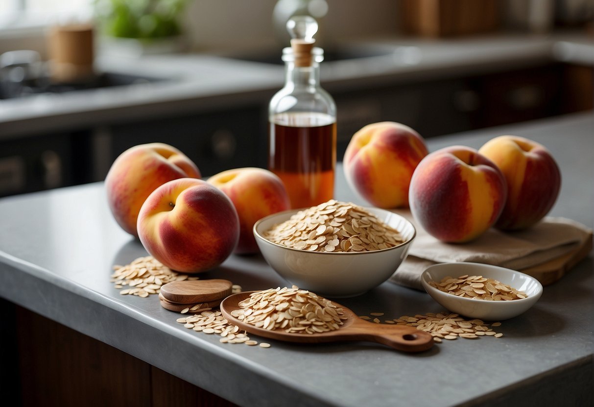 Fresh peaches, flour, sugar, and oats on a kitchen counter. Butter and vanilla extract nearby. Possible substitutes displayed