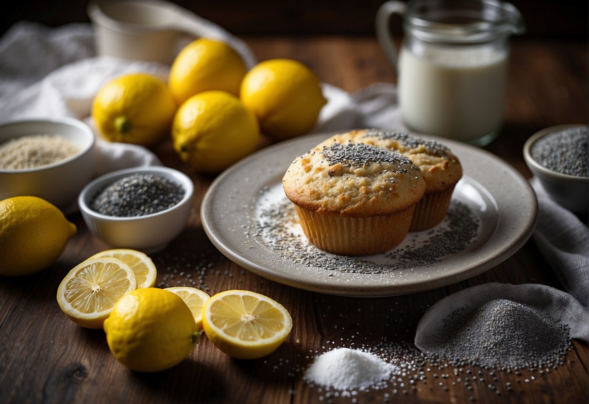 A table with lemons, poppy seeds, flour, sugar, and other baking ingredients laid out for a lemon poppy seed muffin recipe