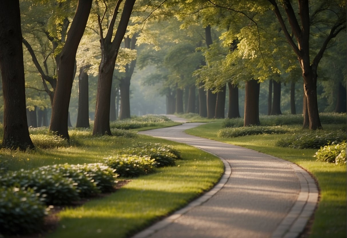 A winding path through a park with distance markers every kilometer, surrounded by trees and nature