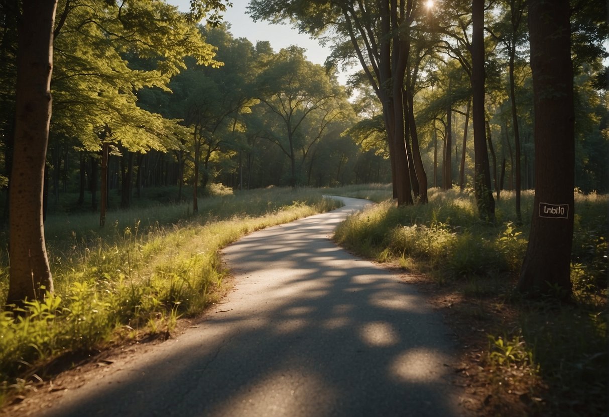 A winding path stretches 5 kilometers, marked by distance markers. Trees line the route, casting dappled shadows. A clear sky overhead, with the sun shining