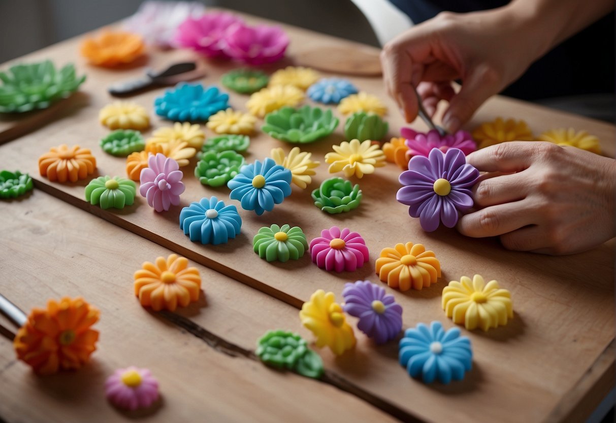 Fondant flowers being shaped and molded, tools and materials spread out on a clean work surface, a step-by-step guide or tutorial visible nearby