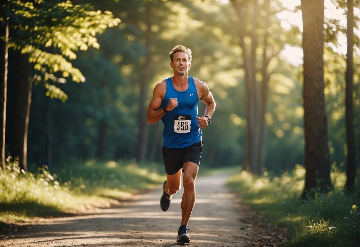 A runner in athletic gear, jogging on a path surrounded by trees and a clear blue sky, with a distance marker indicating 5 kilometers