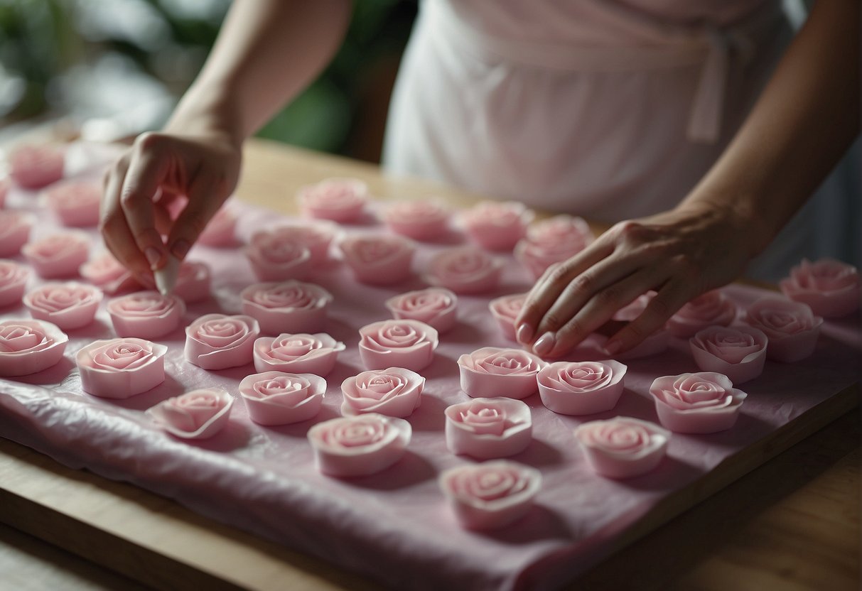 Rolling fondant into thin sheets, cutting out petals, and gently shaping them into flowers. Adding details with edible coloring and a fine brush