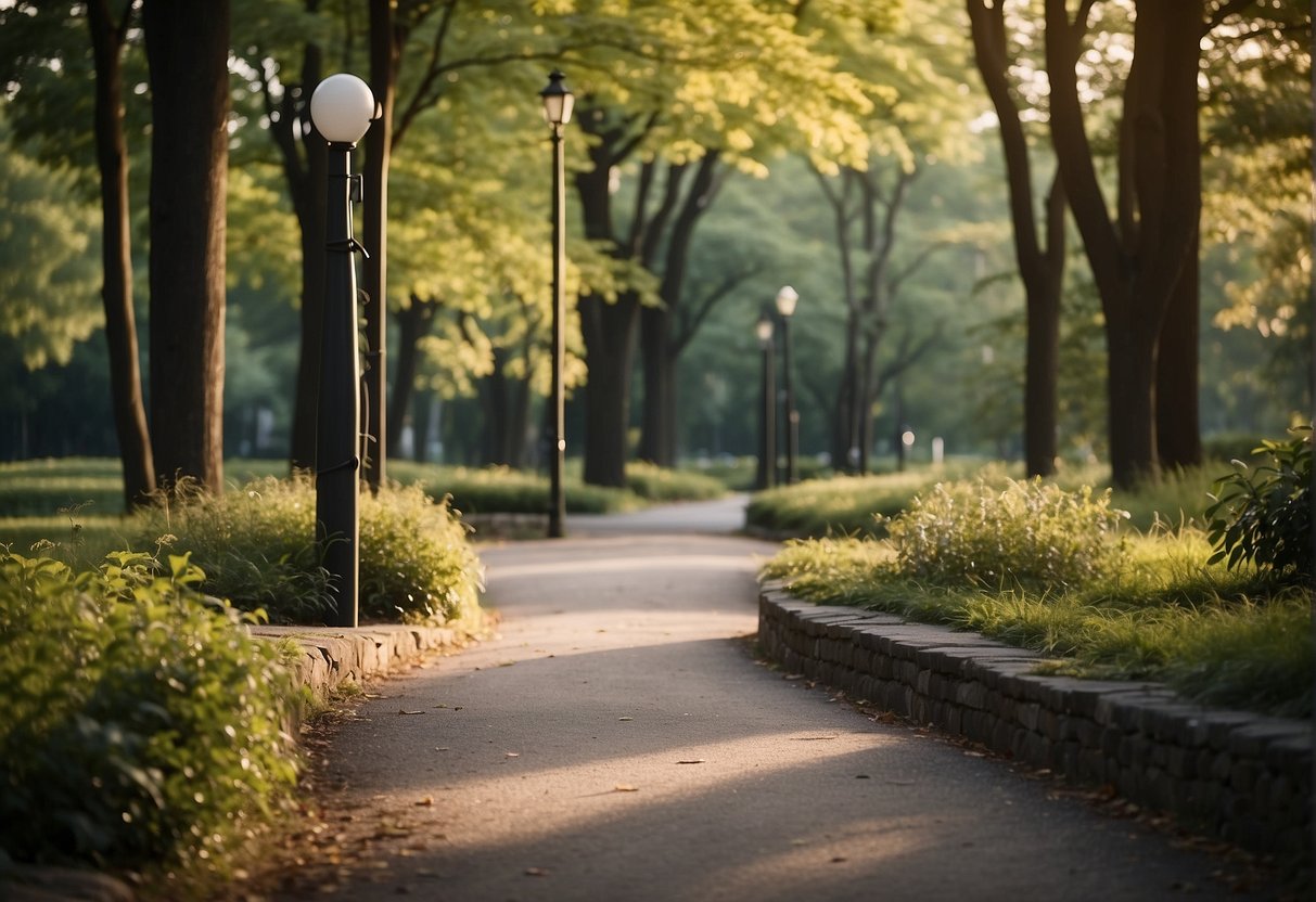 A winding path through a scenic park, marked with distance markers. A timer shows the distance of 5 kilometers. Trees and greenery surround the path