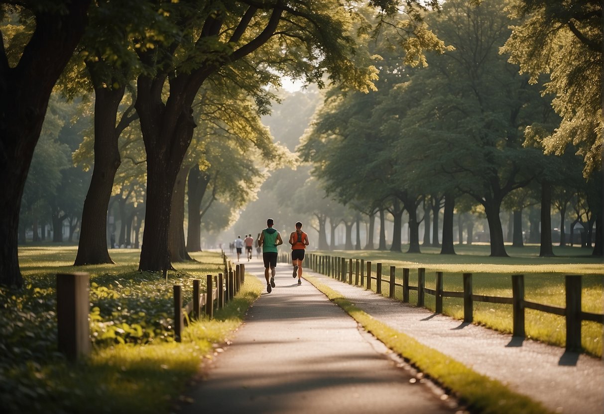 A clear path through a park with distance markers every kilometer, surrounded by greenery and with a few people jogging and stretching