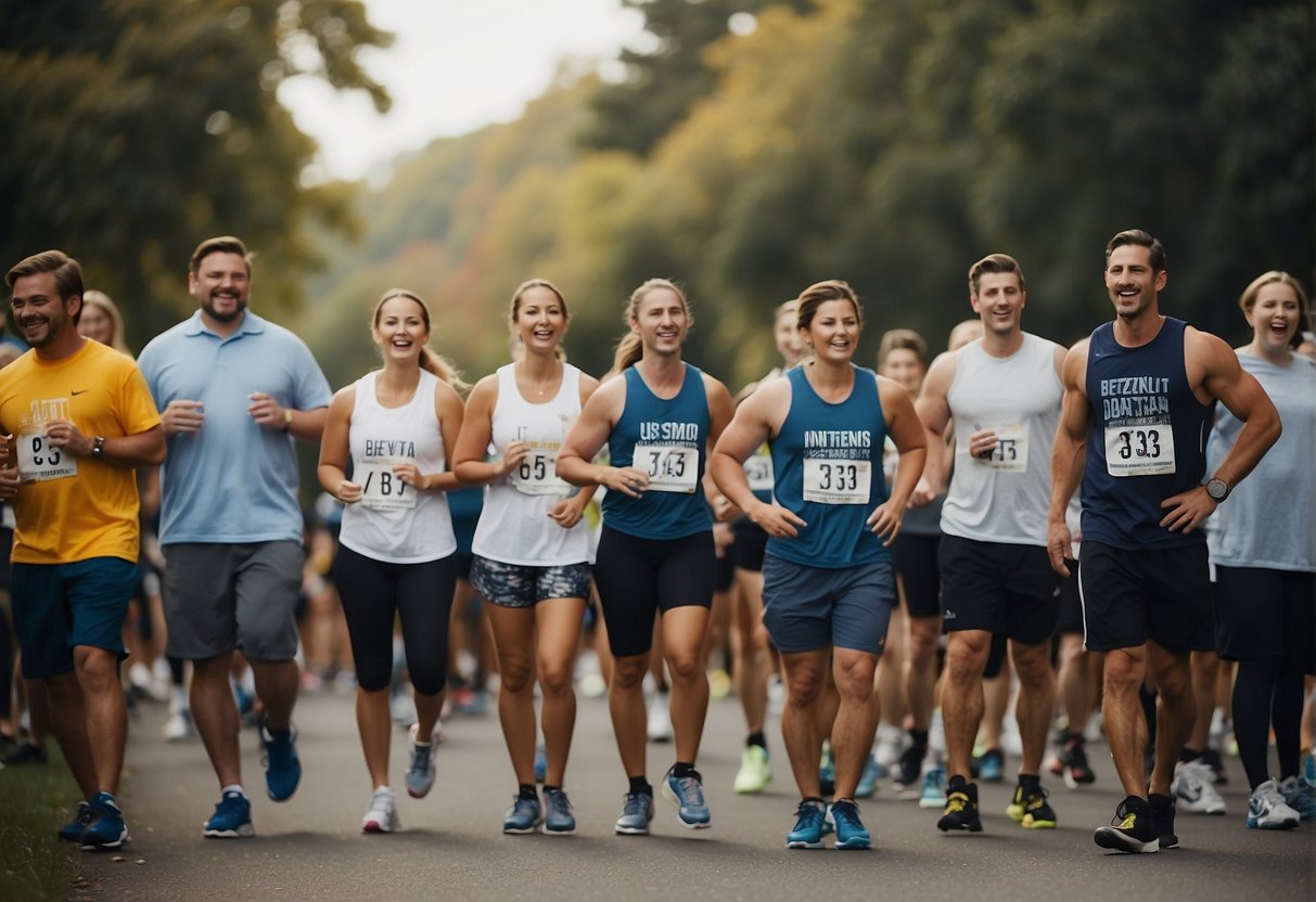 A group of people gather at the starting line of a 5K race, chatting and laughing, while others cheer them on from the sidelines